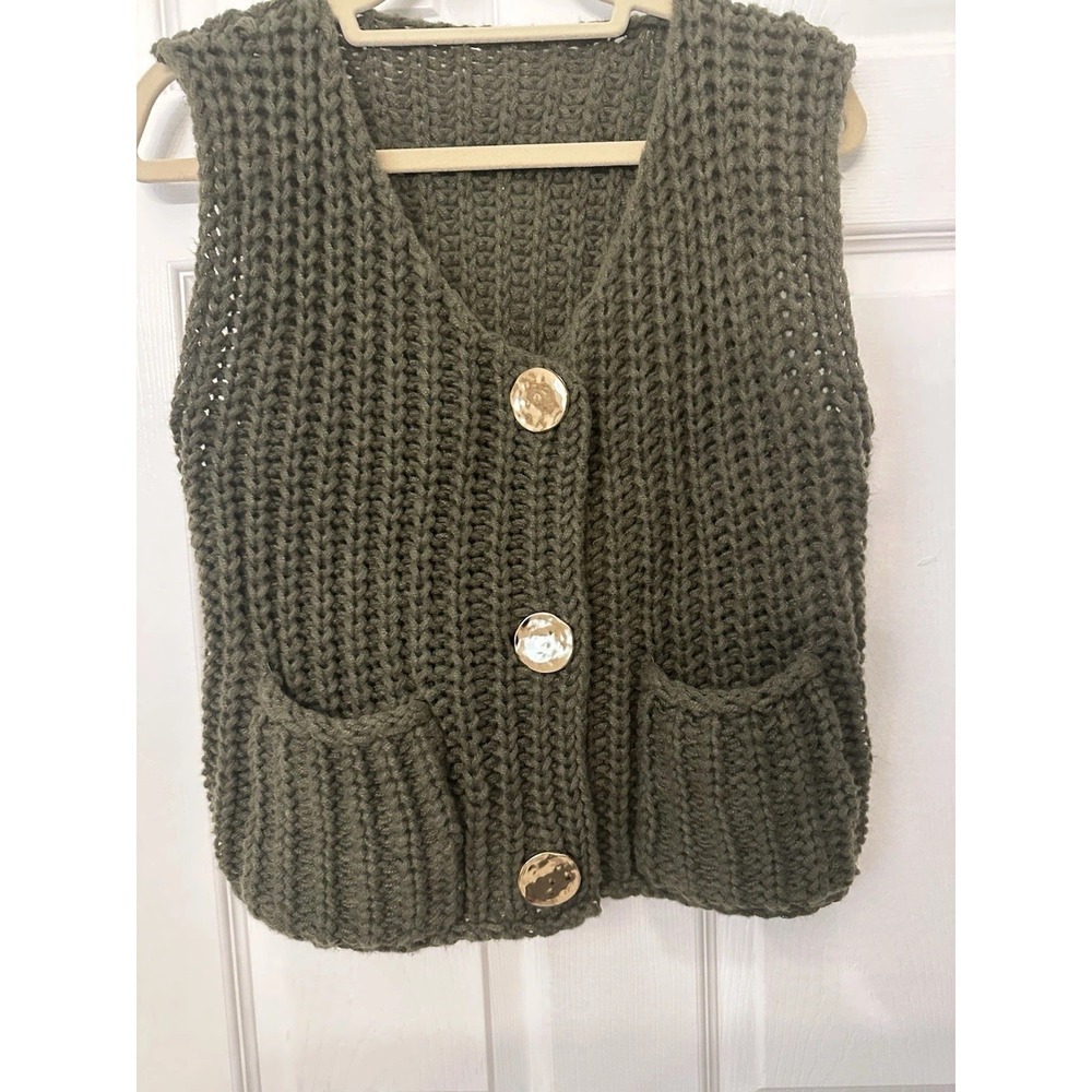 Green Chunky Knit Sweater Vest Sleeveless V-Neck Button Pockets Juniors Small - Picture 1 of 3